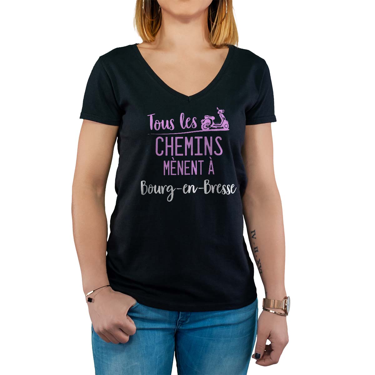 T-Shirt noir pour femme avec le message personnalisé rose tous les chemins mènent à bourg-en-bresse