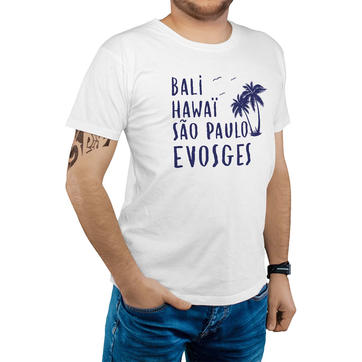 T-Shirt blanc pour homme avec le message personnalisé marine bali hawaï sao-paulo evosges