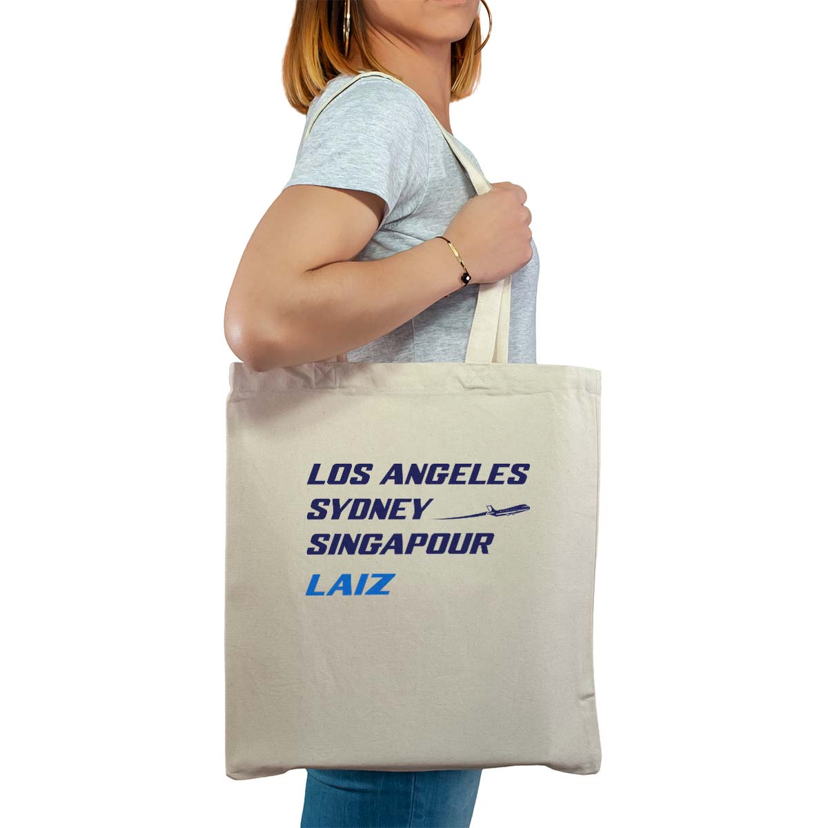 Totebag cabas personnalisé naturel pour femme avec le message personnalisé marine los angeles sydney singapour laiz