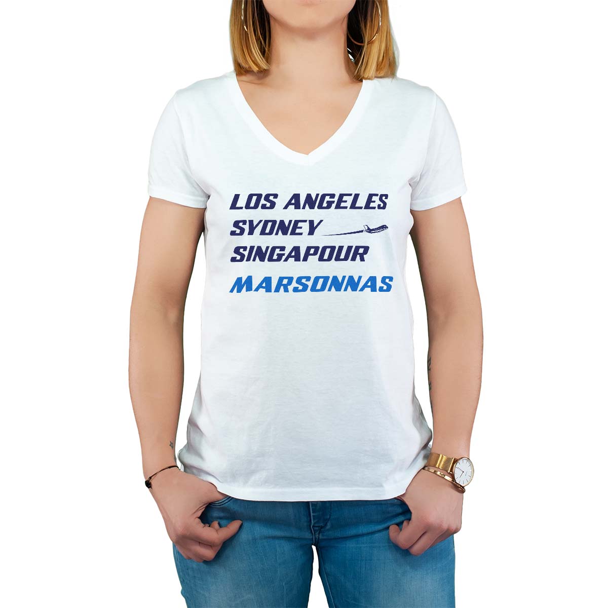 T-Shirt blanc pour femme avec le message personnalisé marine los angeles sydney singapour marsonnas