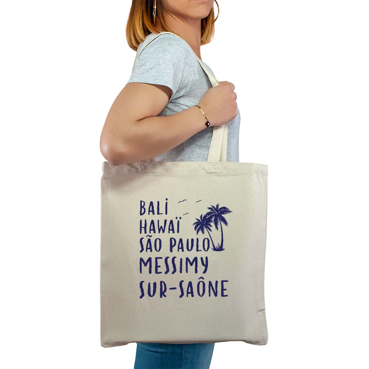 Totebag cabas personnalisé naturel pour femme avec le message personnalisé marine bali hawaï sao-paulo messimy-sur-saône