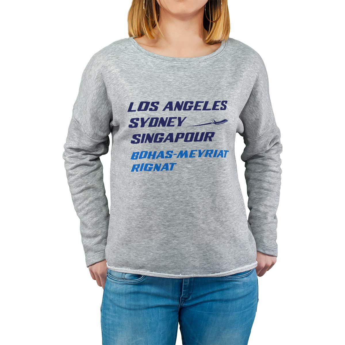 Sweat shirt gris pour femme avec le message personnalisé marine los angeles sydney singapour bohas-meyriat-rignat