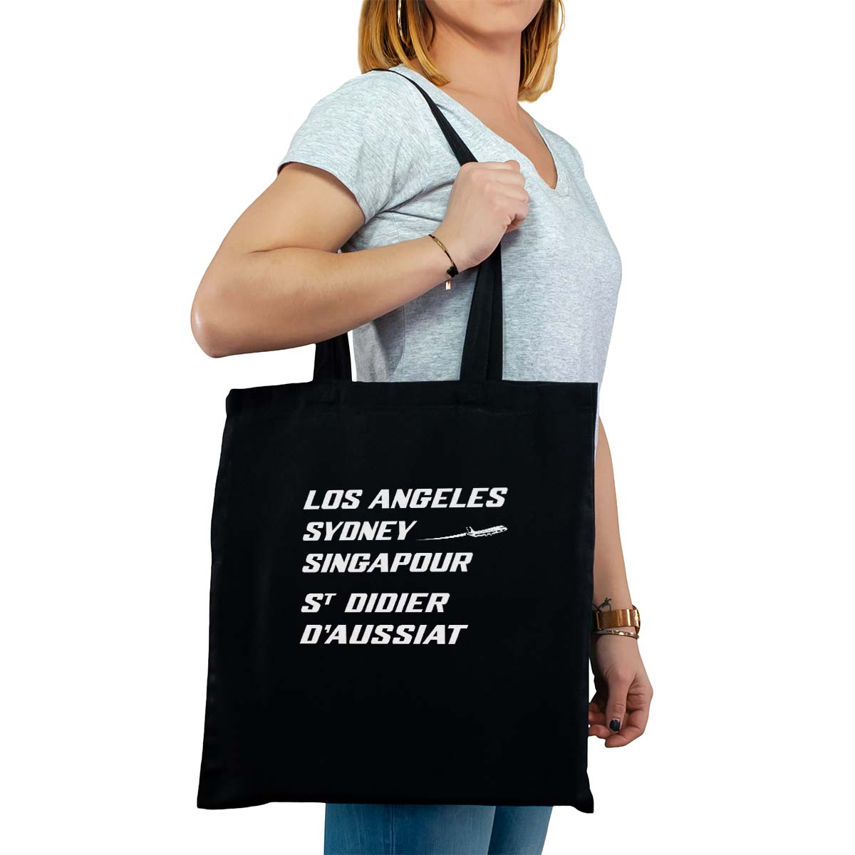 Totebag cabas personnalisé noir pour femme avec le message personnalisé blanc los angeles sydney singapour saint-didier-d'aussiat