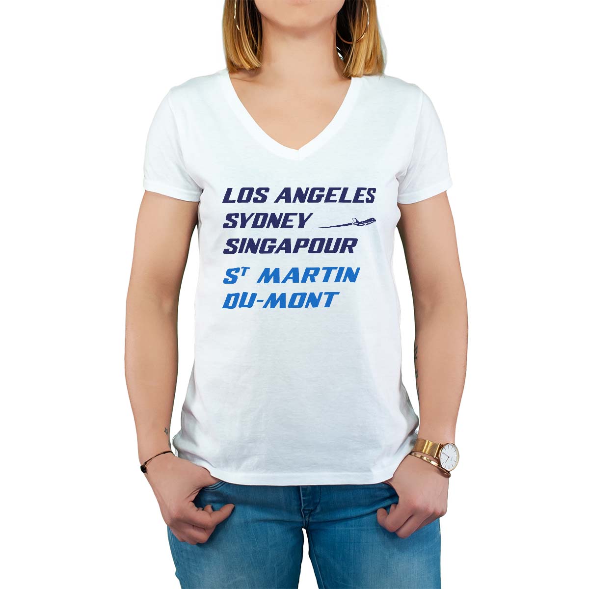 T-Shirt blanc pour femme avec le message personnalisé marine los angeles sydney singapour saint-martin-du-mont