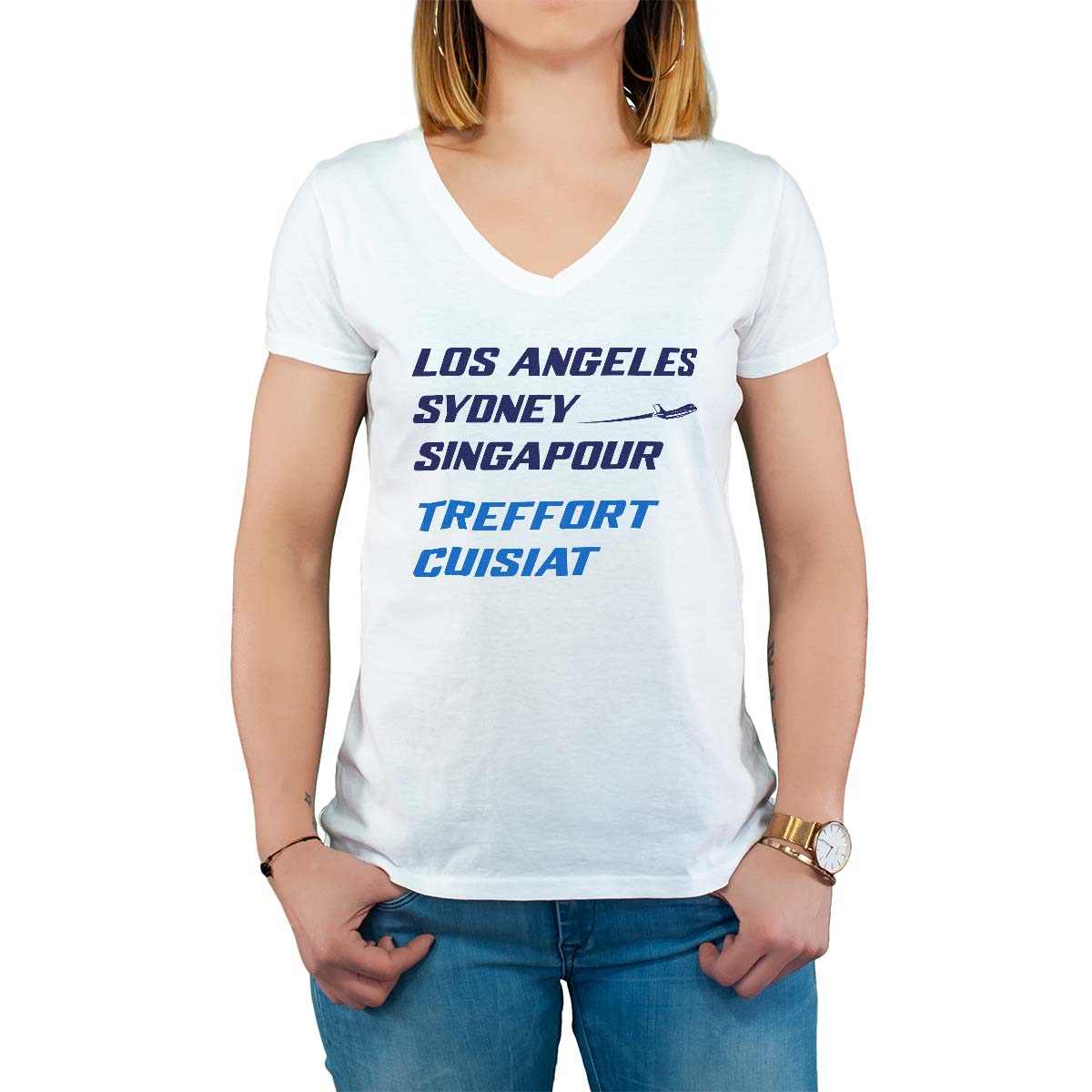 T-Shirt blanc pour femme avec le message personnalisé marine los angeles sydney singapour treffort-cuisiat