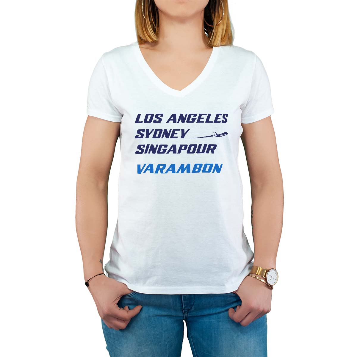 T-Shirt blanc pour femme avec le message personnalisé marine los angeles sydney singapour varambon