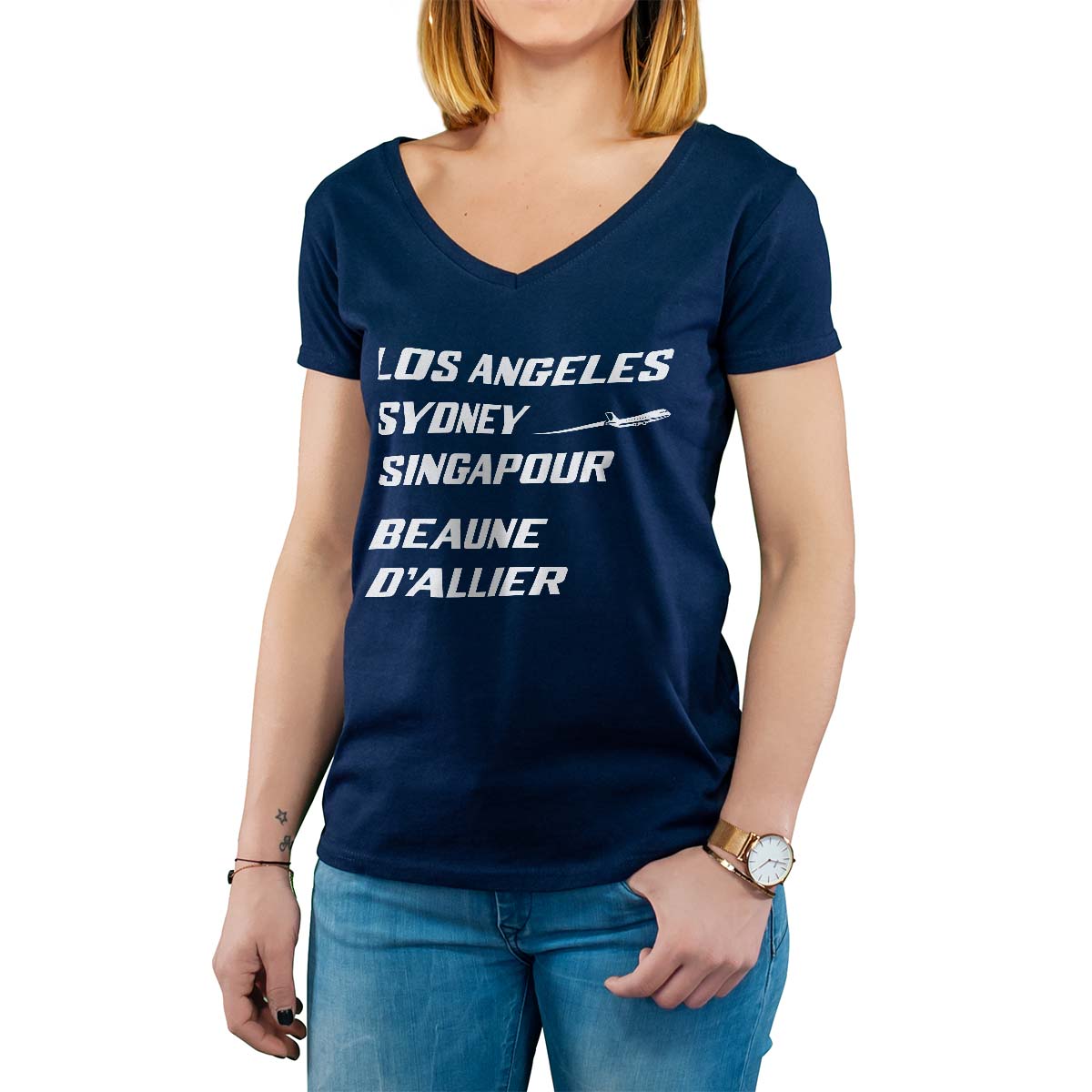 T-Shirt marine pour femme avec le message personnalisé blanc los angeles sydney singapour beaune-d'allier