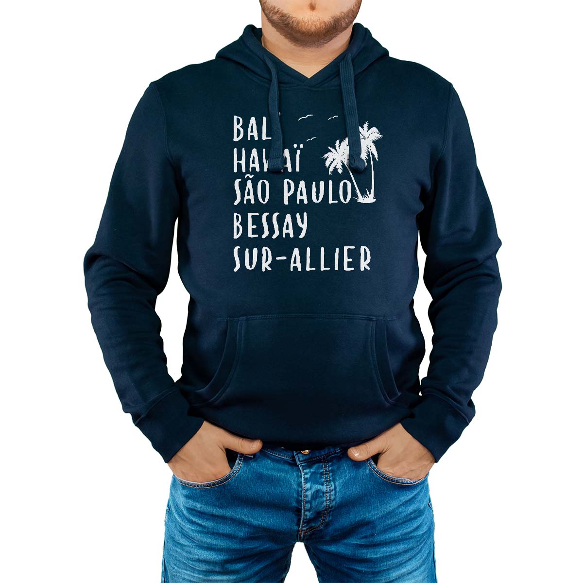 Sweat-shirt à capuche marine pour homme avec le message personnalisé blanc bali hawaï sao-paulo bessay-sur-allier