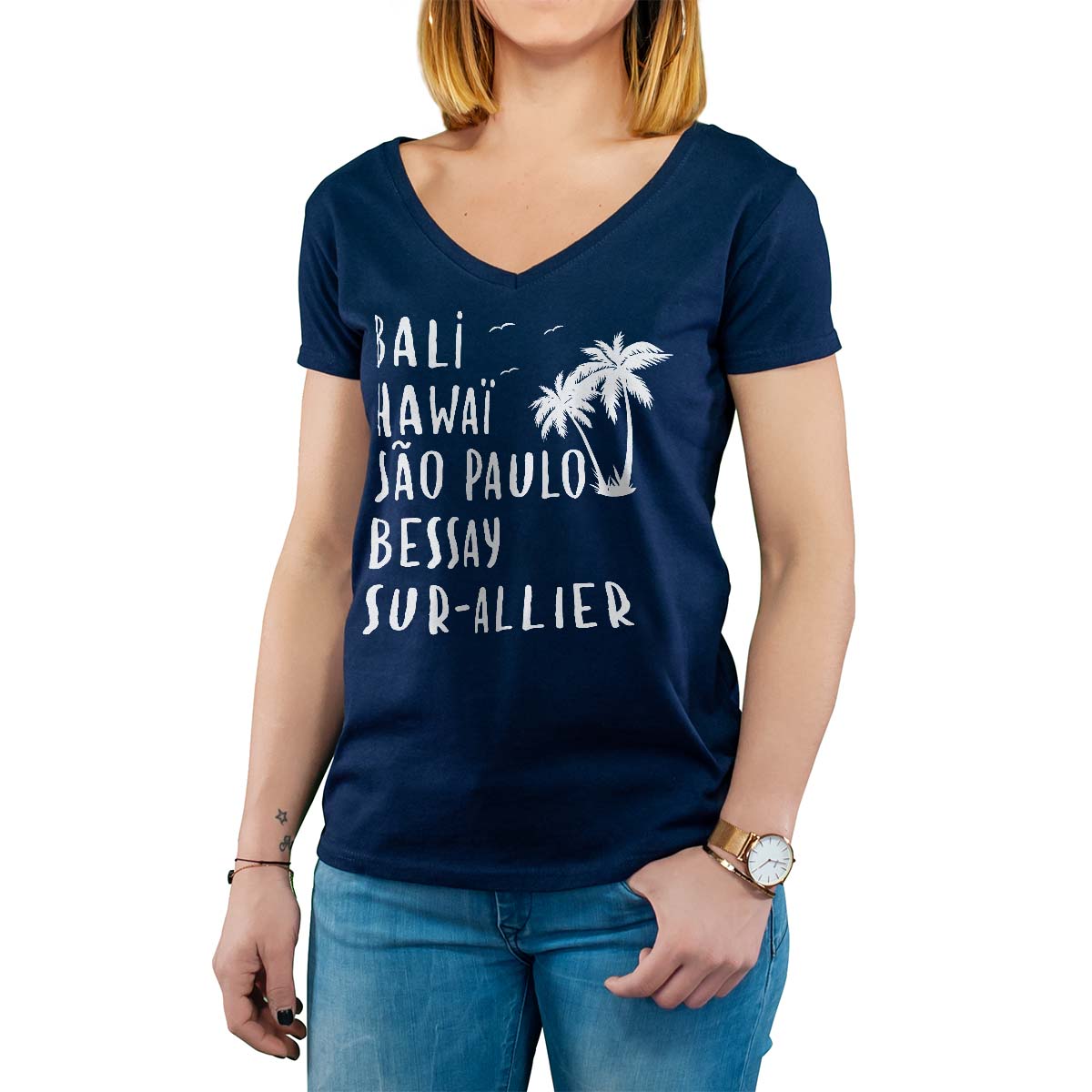 T-Shirt marine pour femme avec le message personnalisé blanc bali hawaï sao-paulo bessay-sur-allier