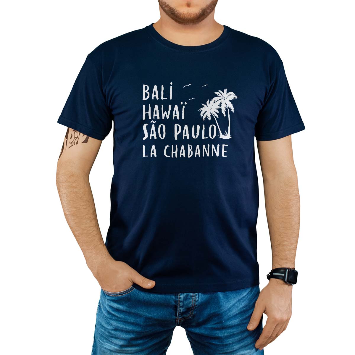 T-Shirt marine pour homme avec le message personnalisé blanc bali hawaï sao-paulo la chabanne