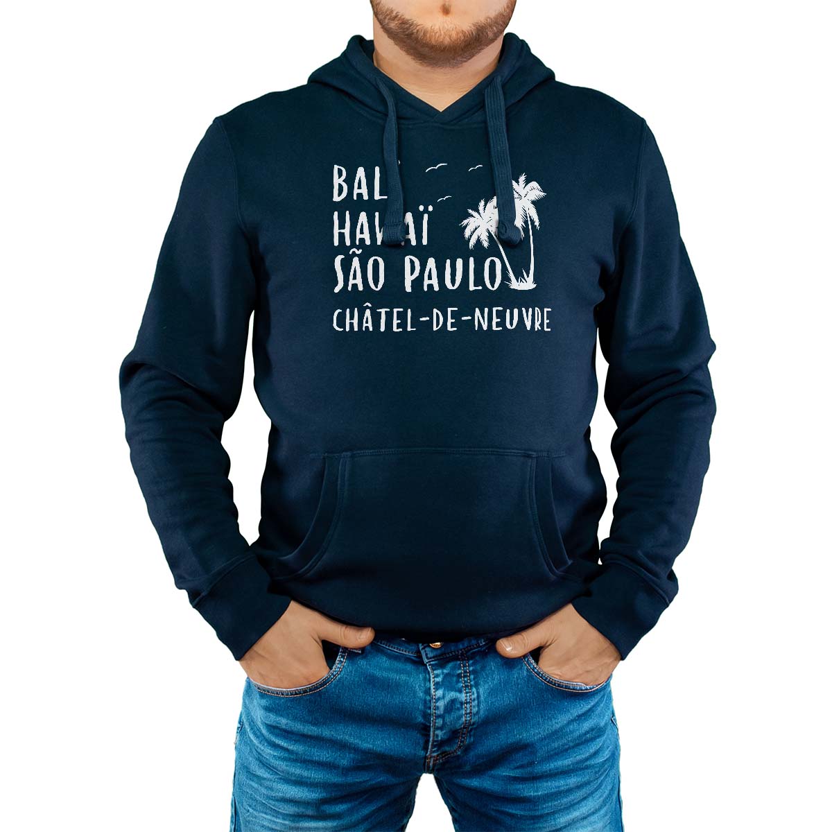 Sweat-shirt à capuche marine pour homme avec le message personnalisé blanc bali hawaï sao-paulo châtel-de-neuvre