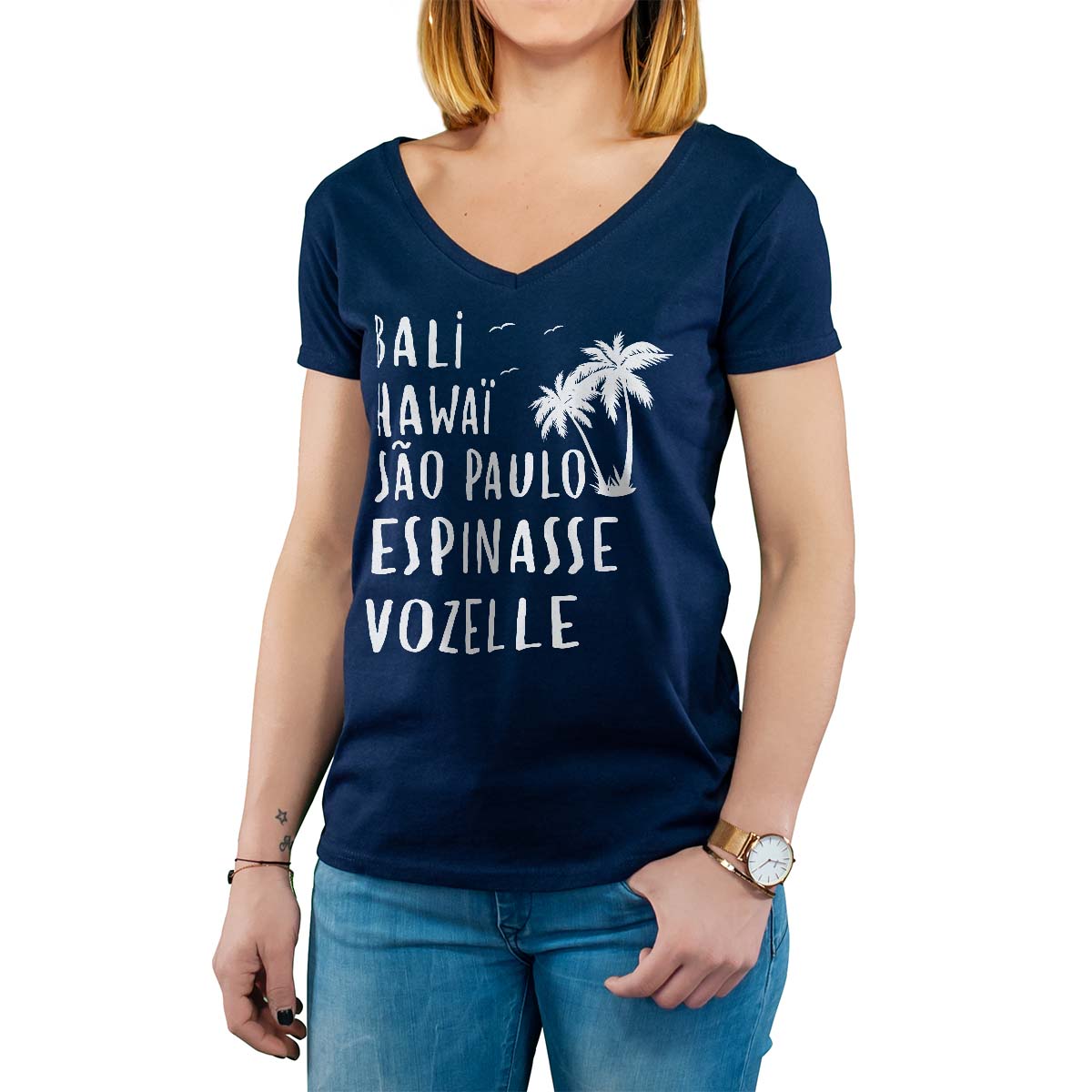 T-Shirt marine pour femme avec le message personnalisé blanc bali hawaï sao-paulo espinasse-vozelle