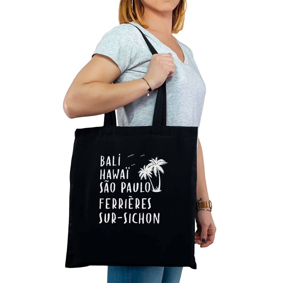 Totebag cabas personnalisé noir pour femme avec le message personnalisé blanc bali hawaï sao-paulo ferrières-sur-sichon