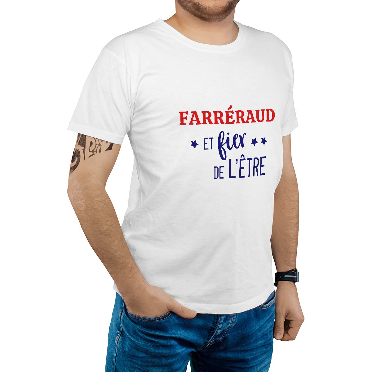 T-Shirt blanc pour homme avec le message personnalisé marine farréraud  et fier de l'être