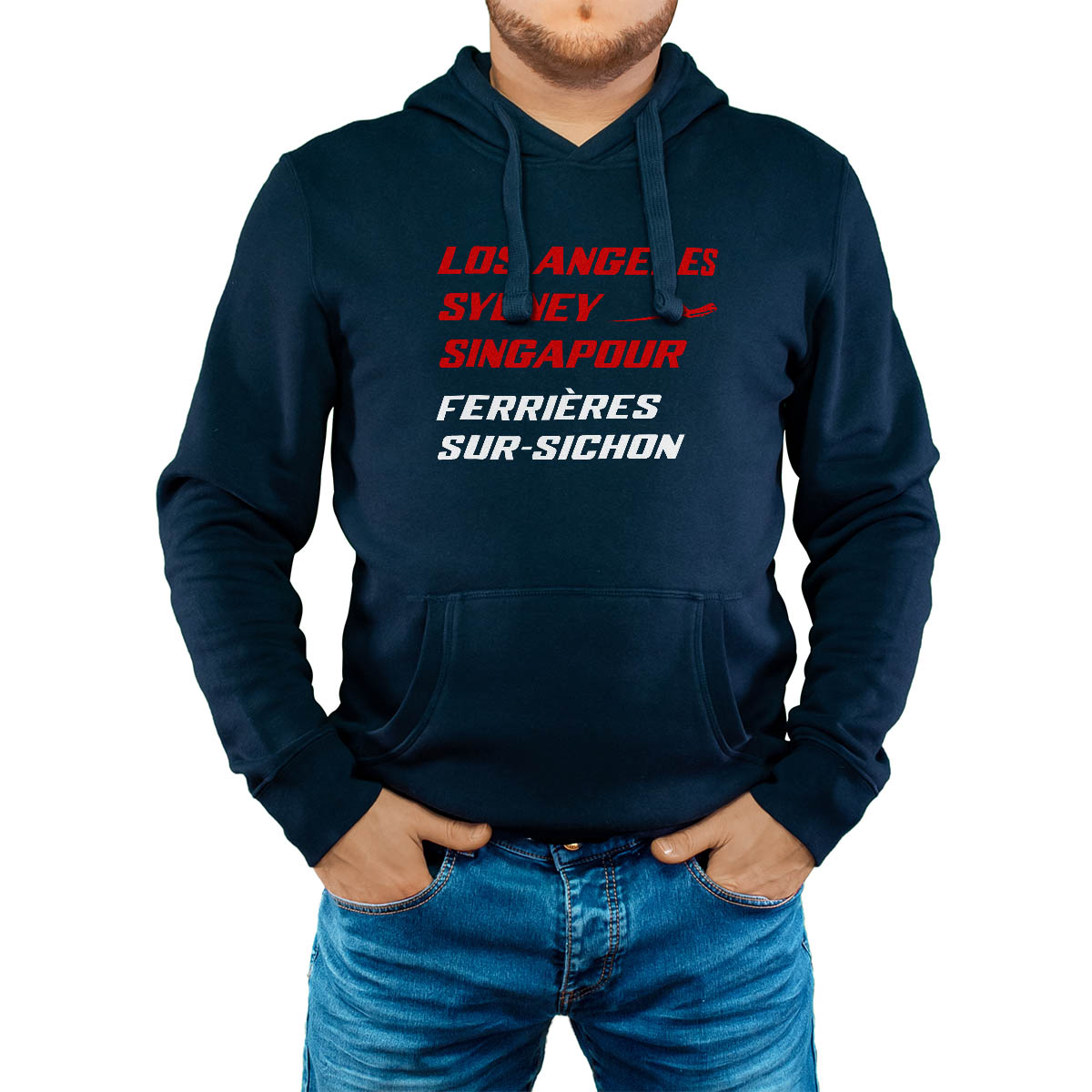 Sweat-shirt à capuche marine pour homme avec le message personnalisé rouge los angeles sydney singapour ferrières-sur-sichon