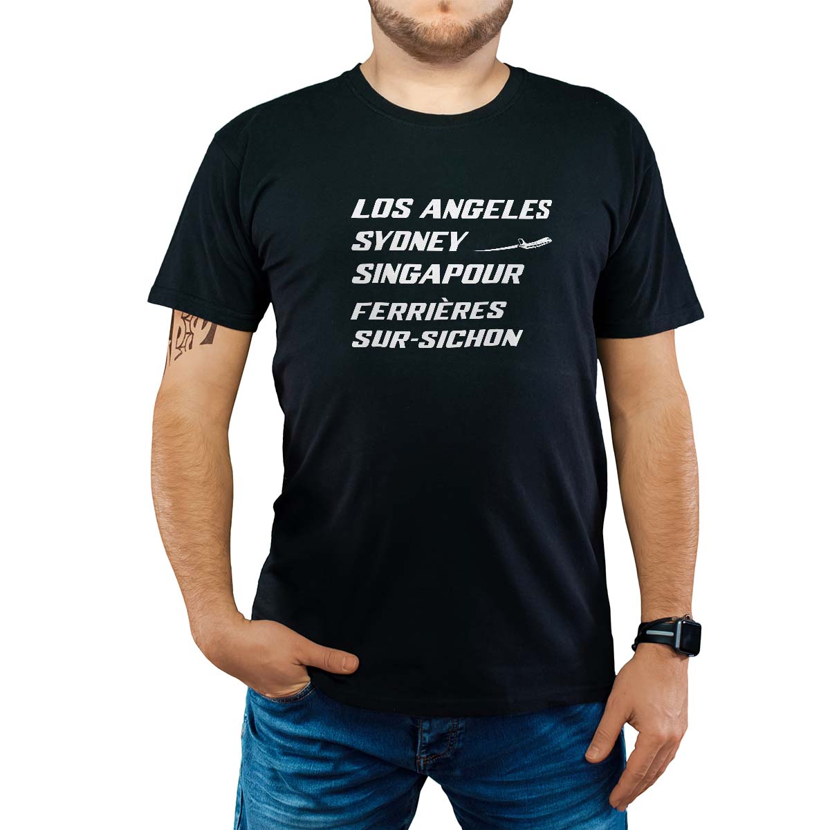 T-Shirt noir pour homme avec le message personnalisé blanc los angeles sydney singapour ferrières-sur-sichon