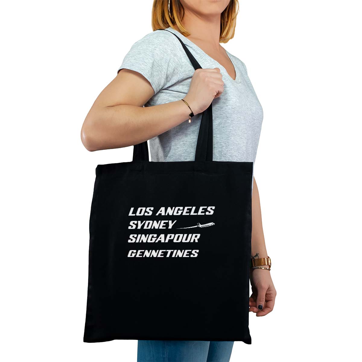 Totebag cabas personnalisé noir pour femme avec le message personnalisé blanc los angeles sydney singapour gennetines
