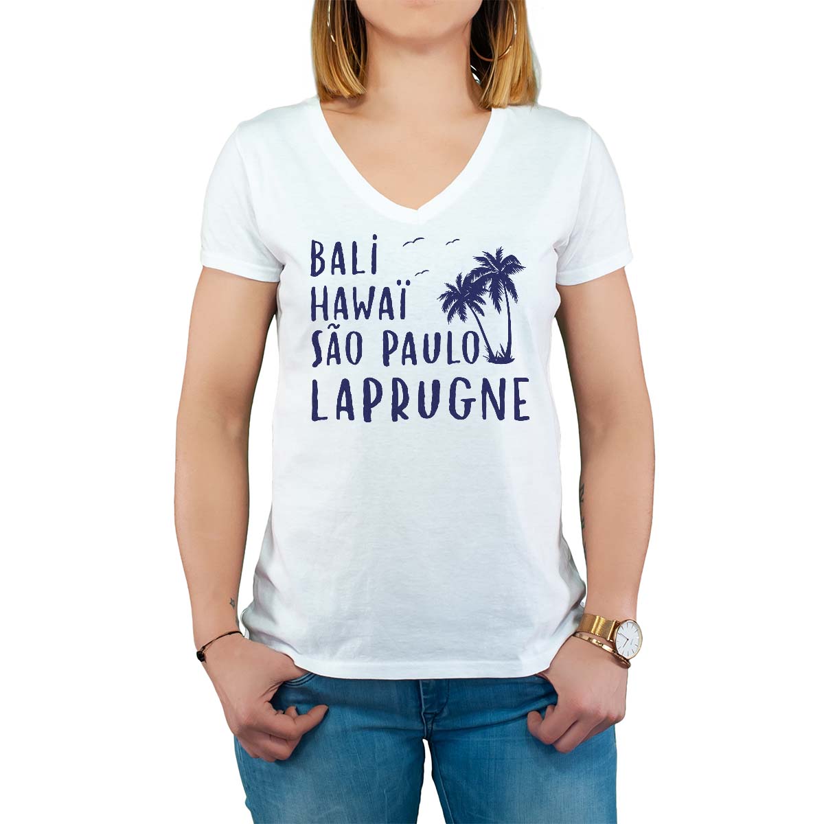 T-Shirt blanc pour femme avec le message personnalisé marine bali hawaï sao-paulo laprugne