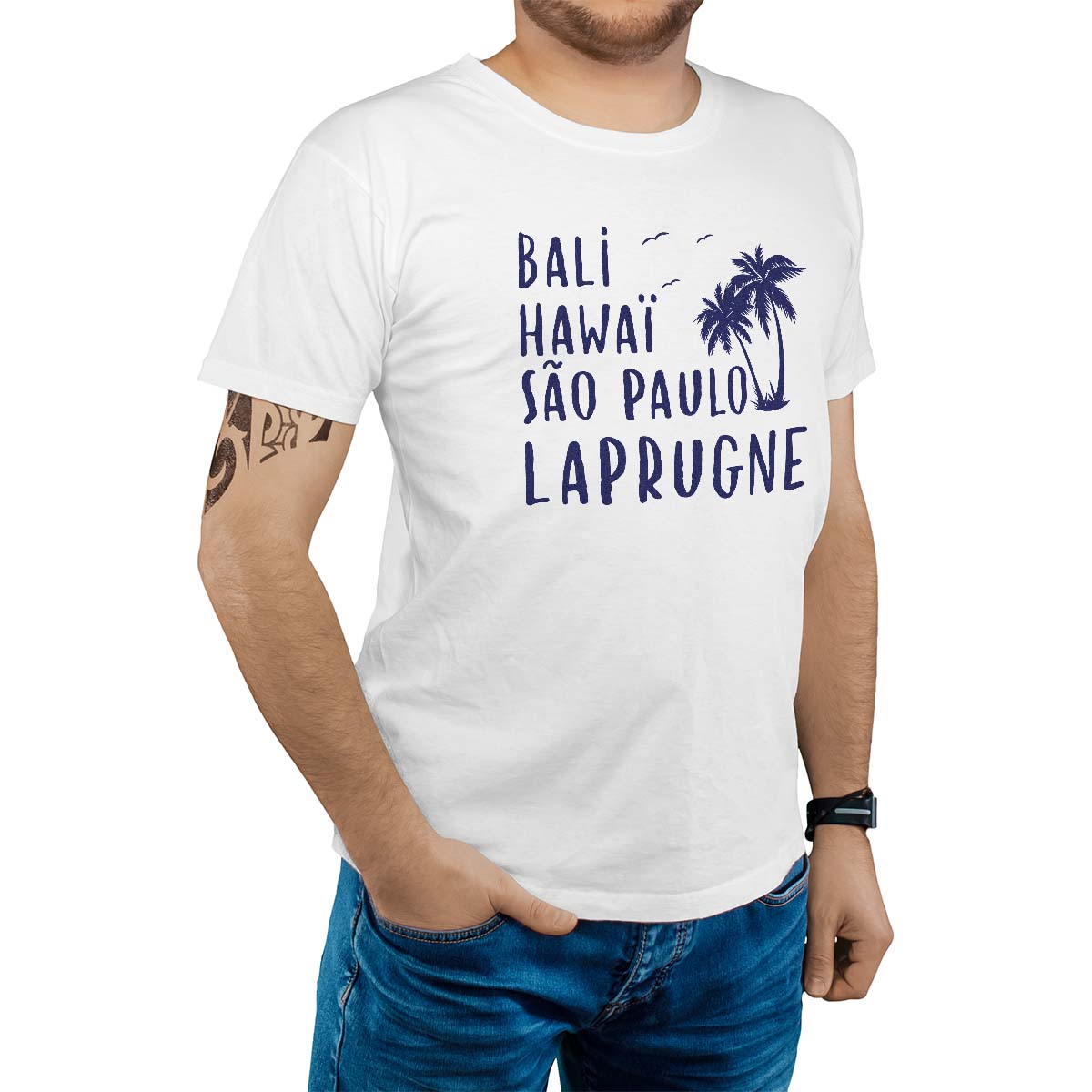 T-Shirt blanc pour homme avec le message personnalisé marine bali hawaï sao-paulo laprugne