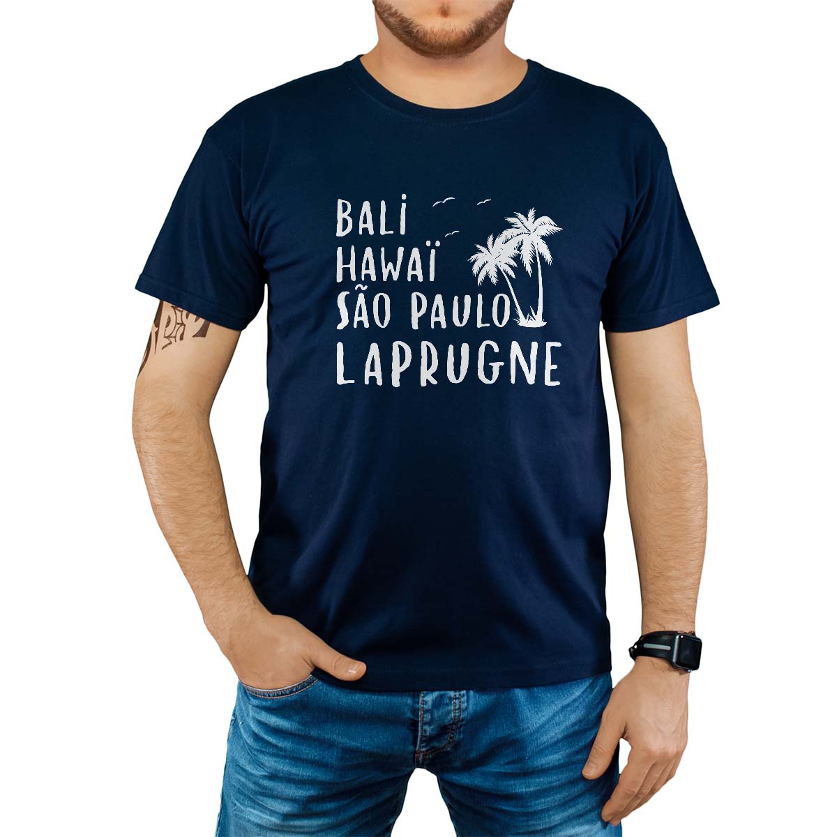 T-Shirt marine pour homme avec le message personnalisé blanc bali hawaï sao-paulo laprugne