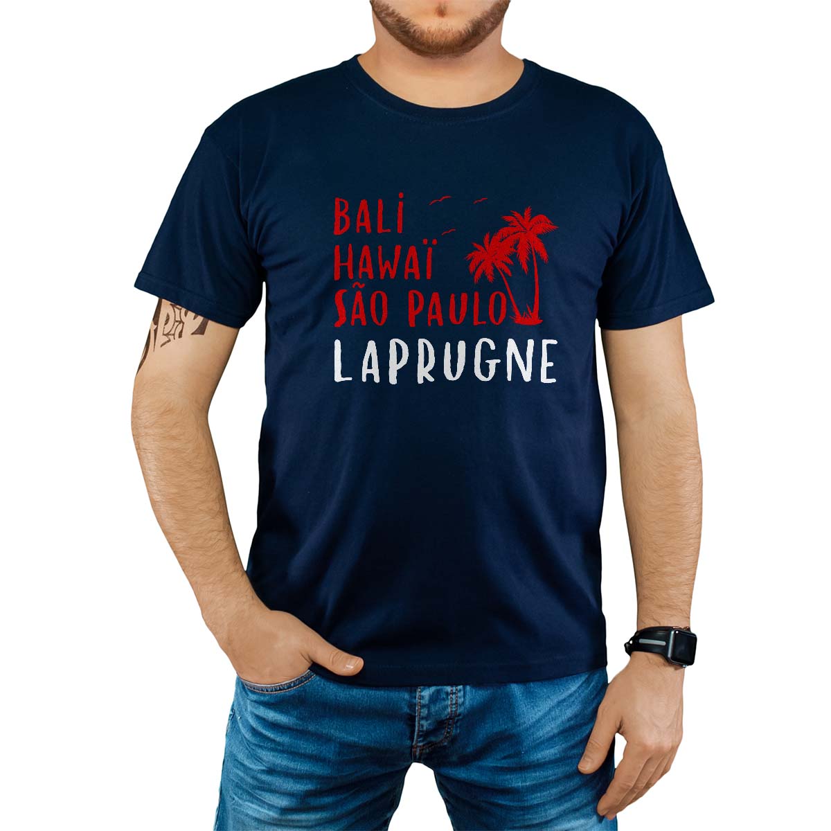 T-Shirt marine pour homme avec le message personnalisé rouge bali hawaï sao-paulo laprugne