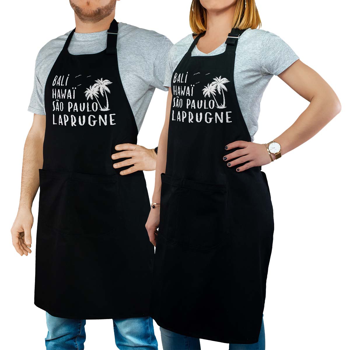 Tablier de cuisine personnalisé noir pour femme avec le message personnalisé blanc bali hawaï sao-paulo laprugne