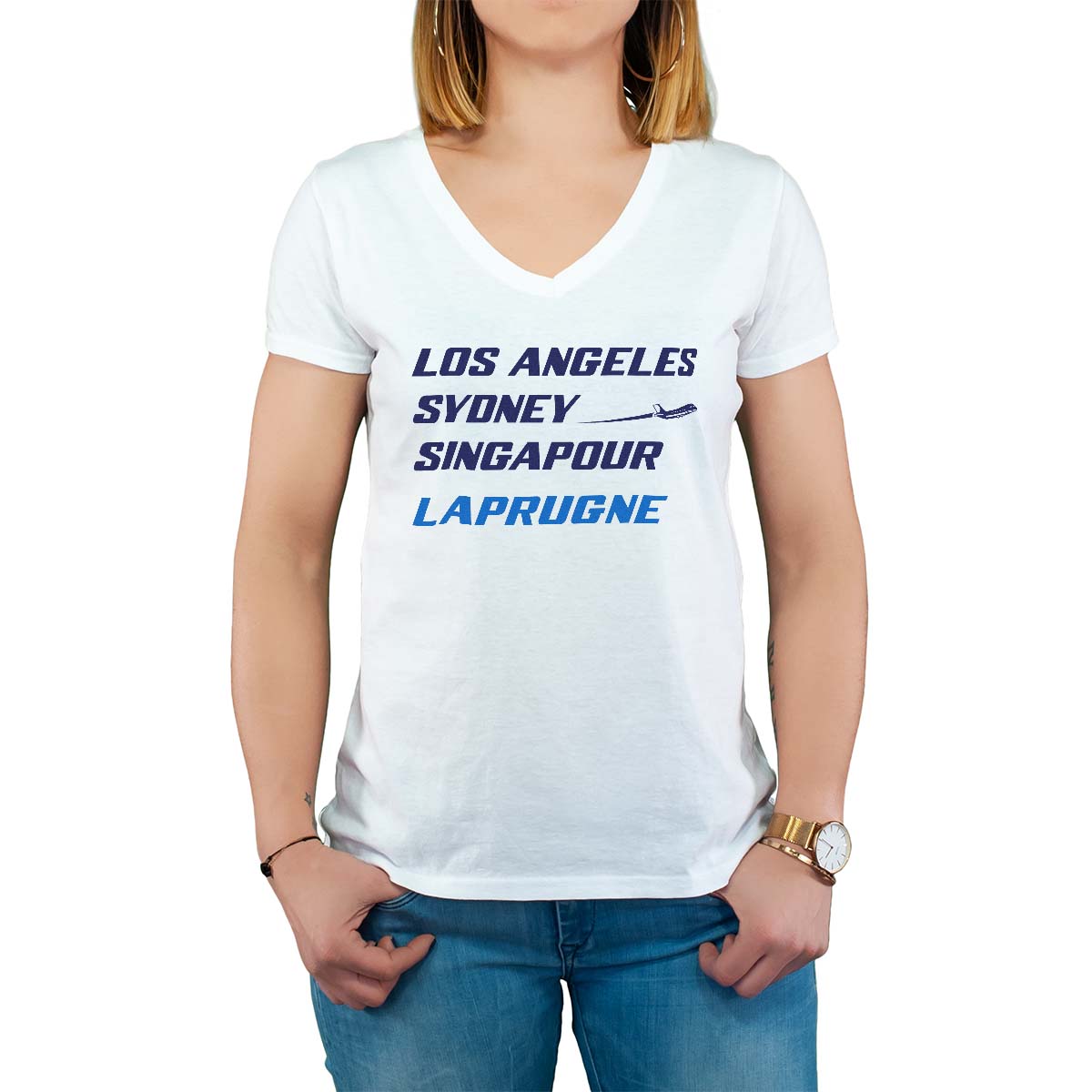 T-Shirt blanc pour femme avec le message personnalisé marine los angeles sydney singapour laprugne