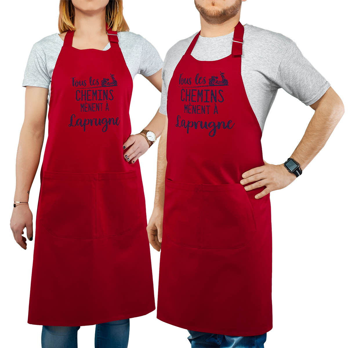 Tablier de cuisine personnalisé rouge pour femme avec le message personnalisé marine tous les chemins mènent à laprugne