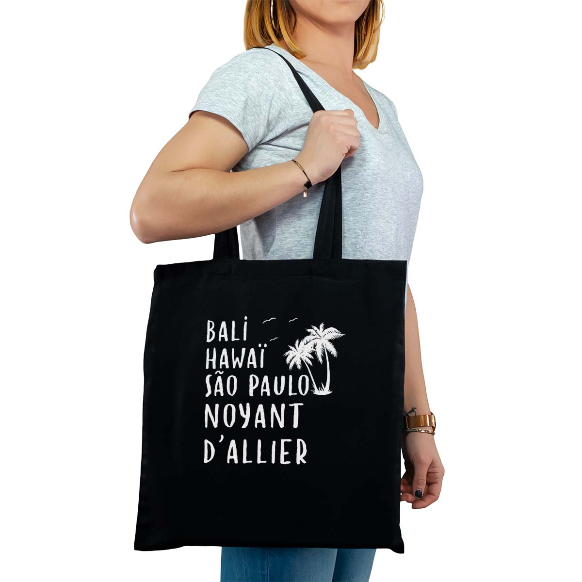 Totebag cabas personnalisé noir pour femme avec le message personnalisé blanc bali hawaï sao-paulo noyant-d'allier