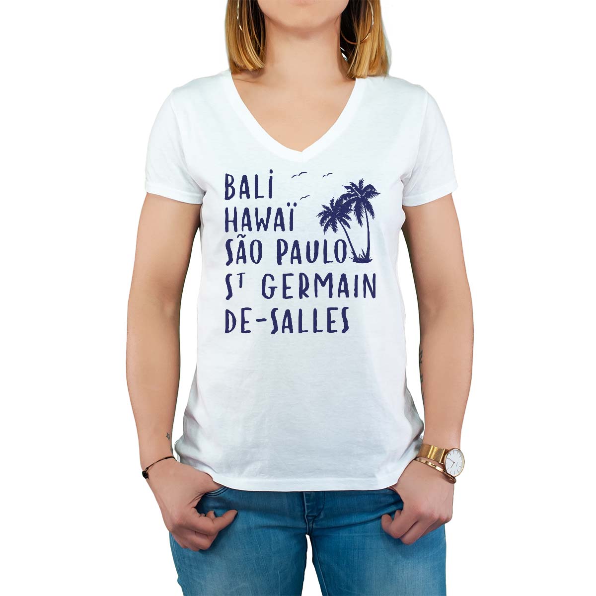 T-Shirt blanc pour femme avec le message personnalisé marine bali hawaï sao-paulo saint-germain-de-salles