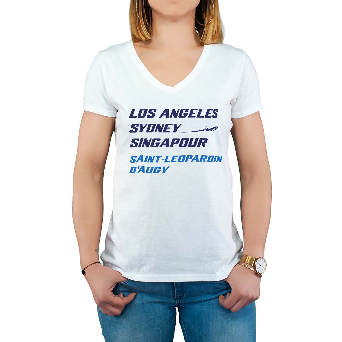 T-Shirt blanc pour femme avec le message personnalisé marine los angeles sydney singapour saint-léopardin-d'augy