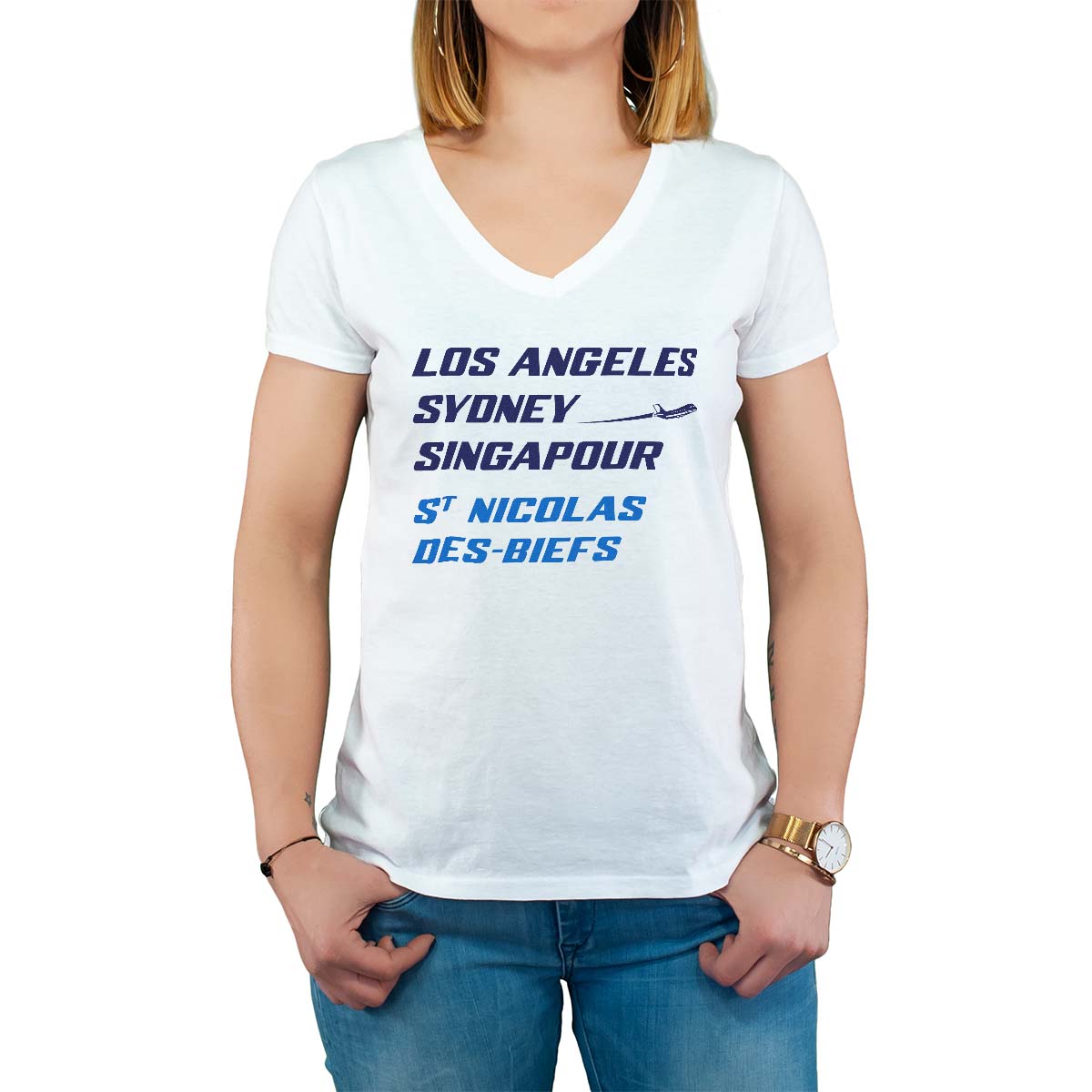 T-Shirt blanc pour femme avec le message personnalisé marine los angeles sydney singapour saint-nicolas-des-biefs