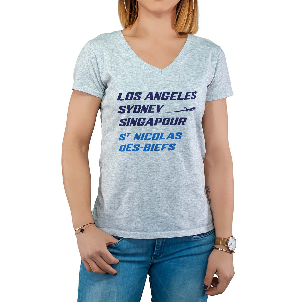 T-Shirt gris pour femme avec le message personnalisé marine los angeles sydney singapour saint-nicolas-des-biefs