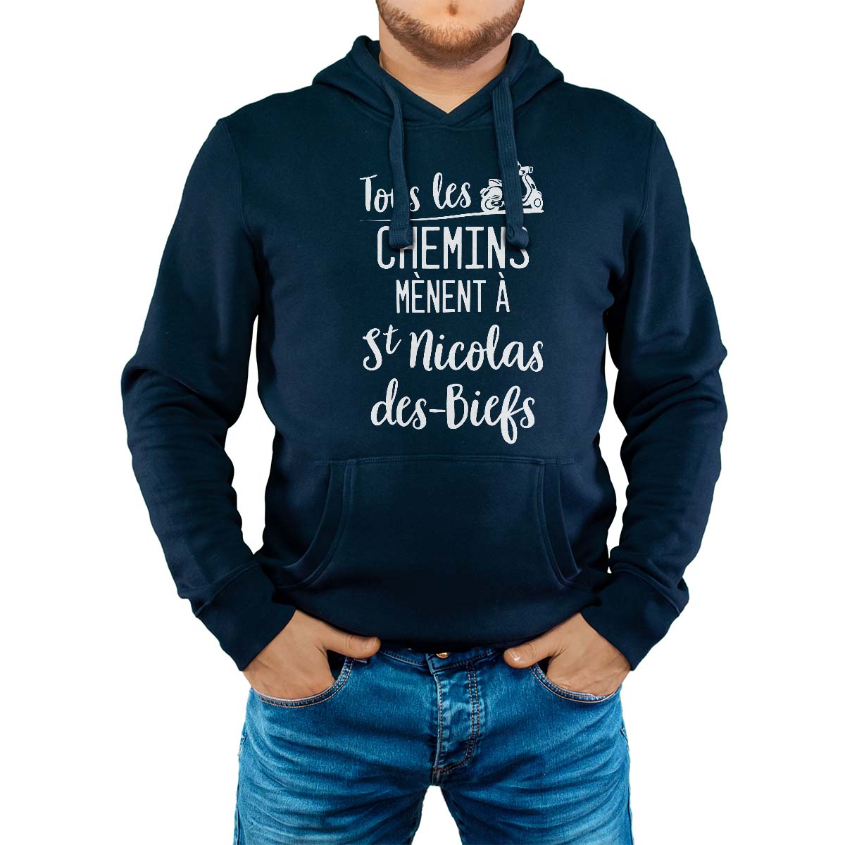 Sweat-shirt à capuche marine pour homme avec le message personnalisé blanc tous les chemins mènent à saint-nicolas-des-biefs