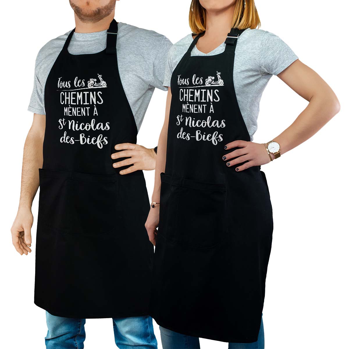 Tablier de cuisine personnalisé noir pour femme avec le message personnalisé blanc tous les chemins mènent à saint-nicolas-des-biefs