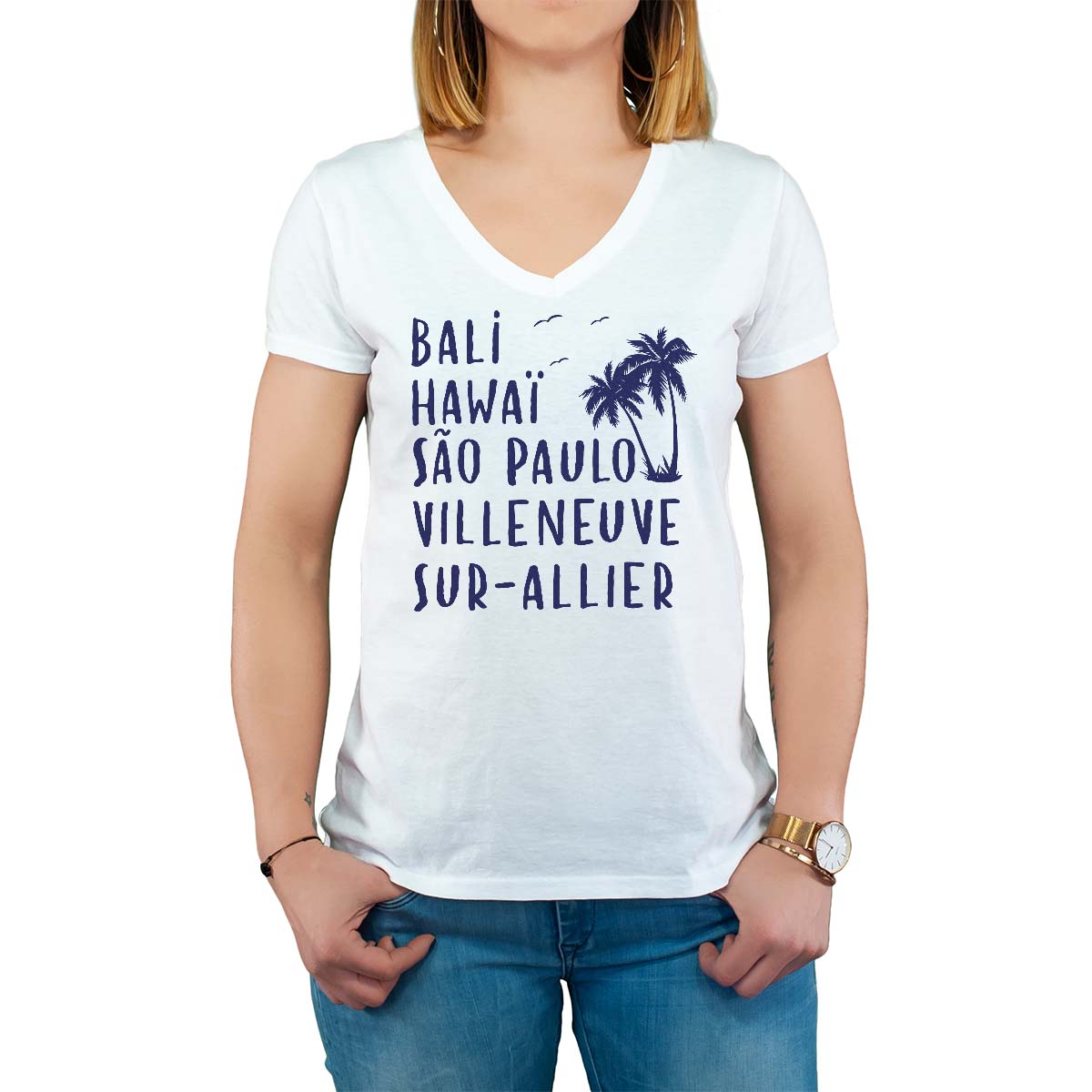 T-Shirt blanc pour femme avec le message personnalisé marine bali hawaï sao-paulo villeneuve-sur-allier