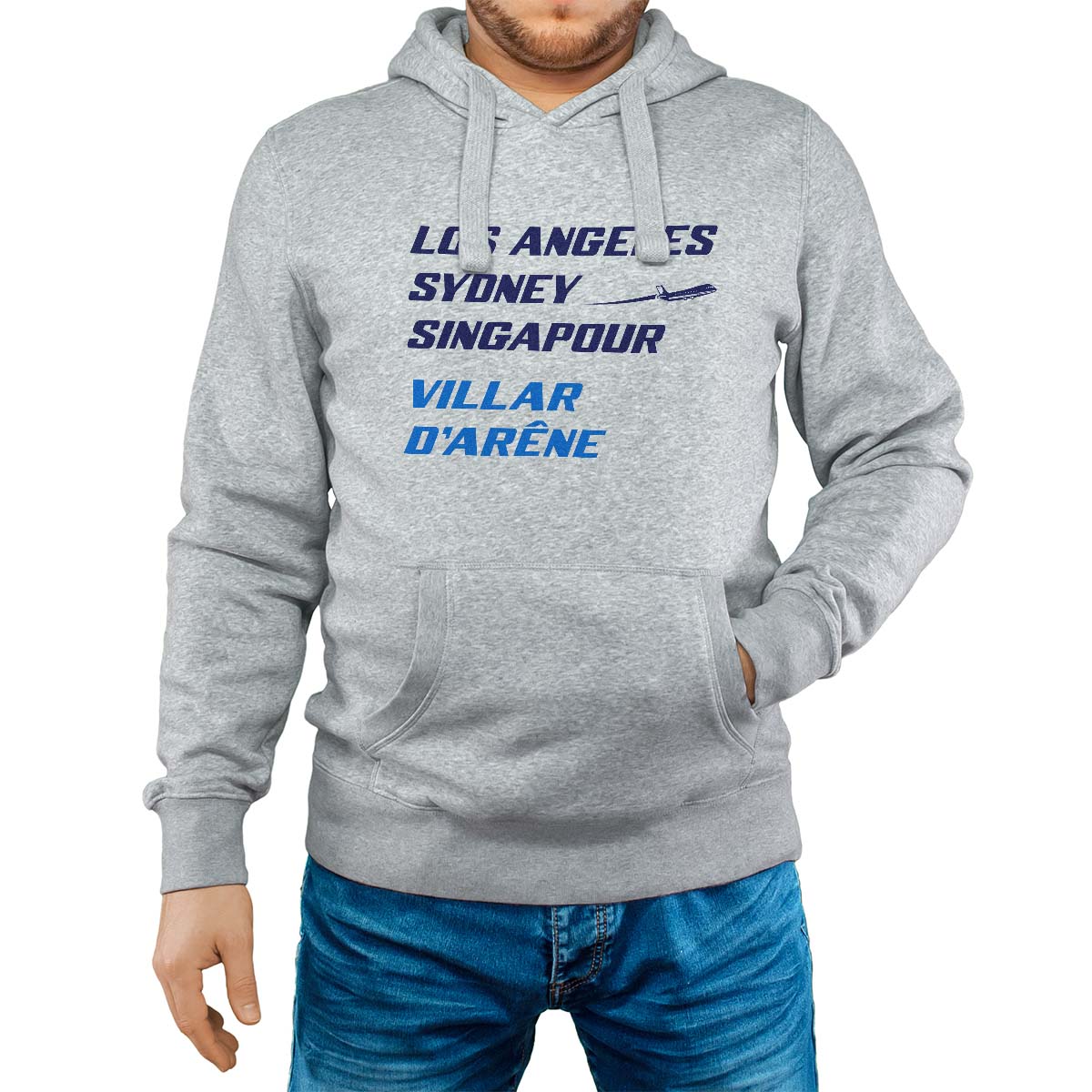Sweat-shirt à capuche gris pour homme avec le message personnalisé marine los angeles sydney singapour villar-d'arêne