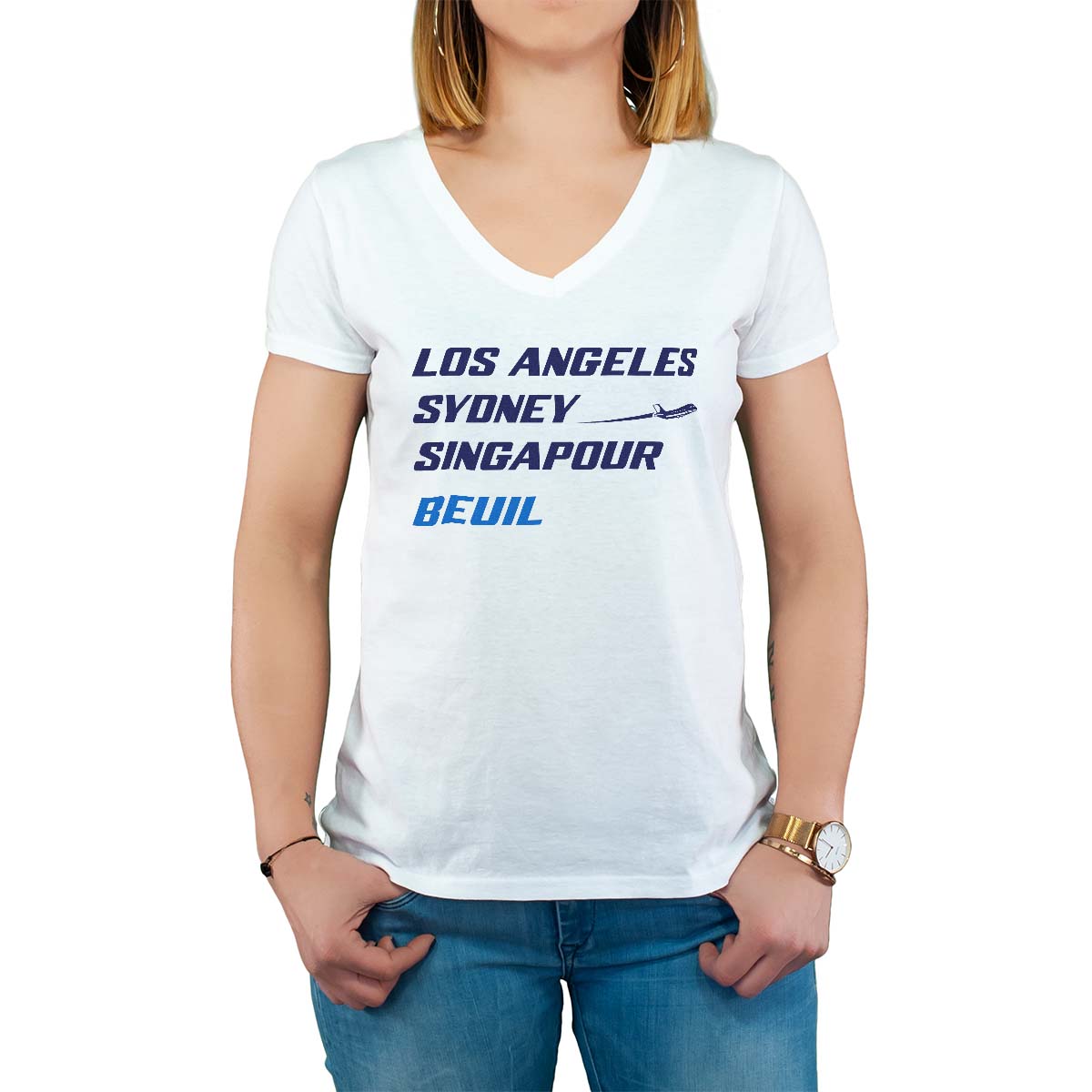 T-Shirt blanc pour femme avec le message personnalisé marine los angeles sydney singapour beuil