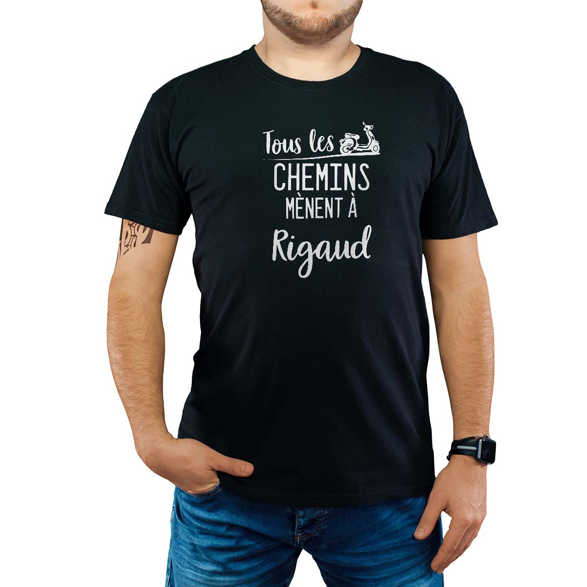 T-Shirt noir pour homme avec le message personnalisé blanc tous les chemins mènent à rigaud