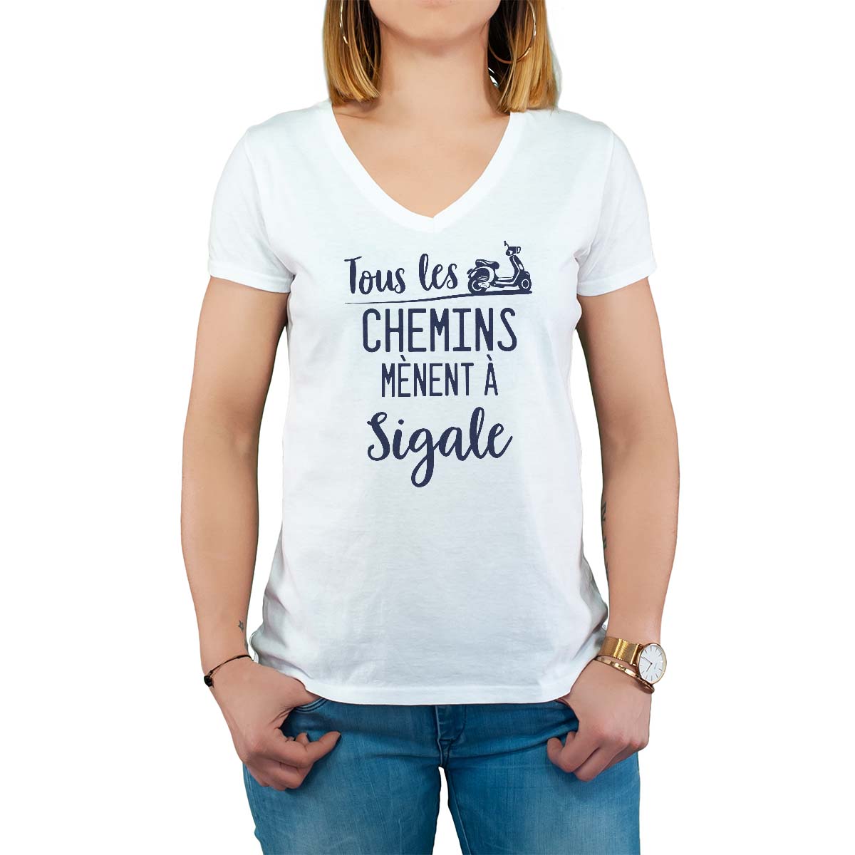 T-Shirt blanc pour femme avec le message personnalisé marine tous les chemins mènent à sigale