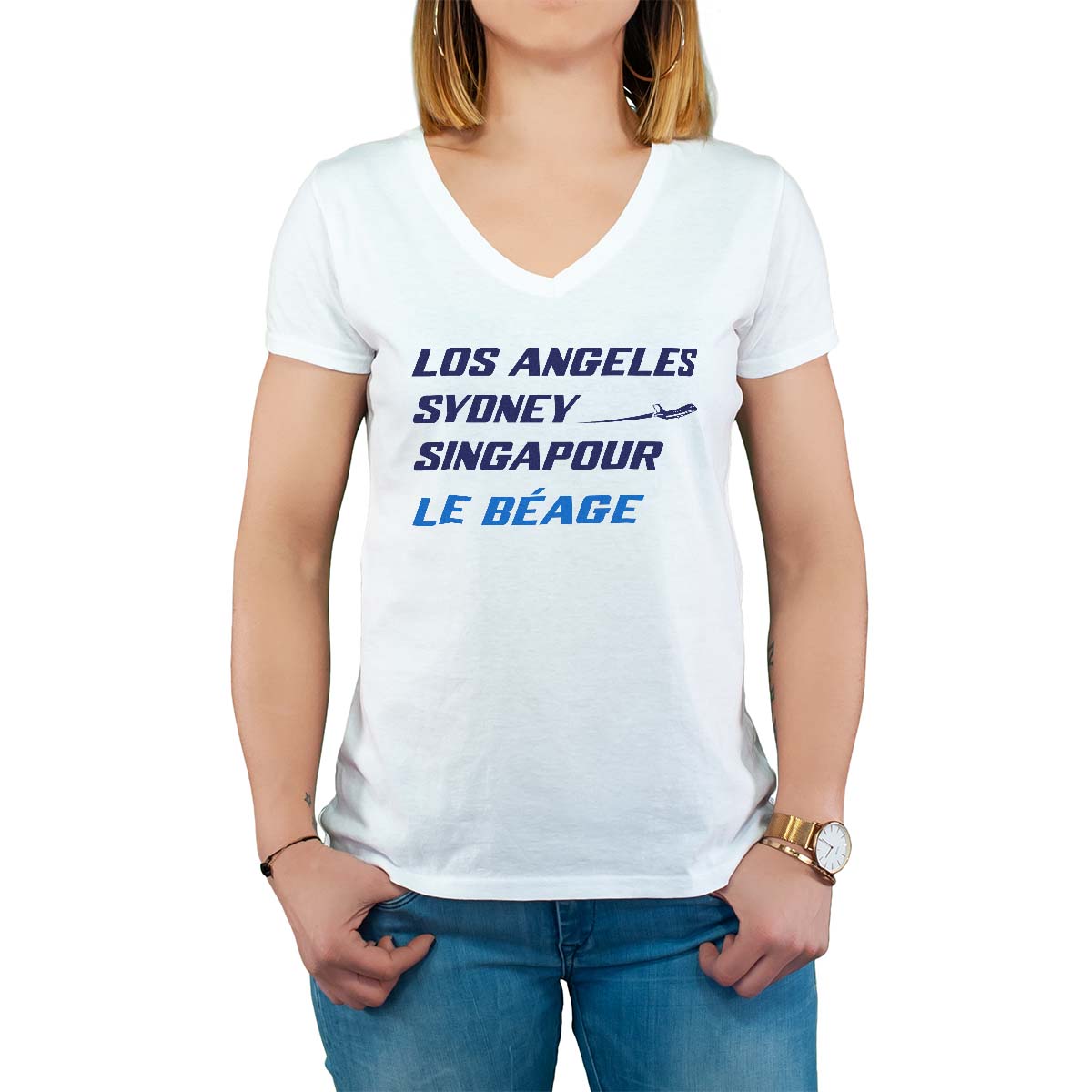 T-Shirt blanc pour femme avec le message personnalisé marine los angeles sydney singapour le béage