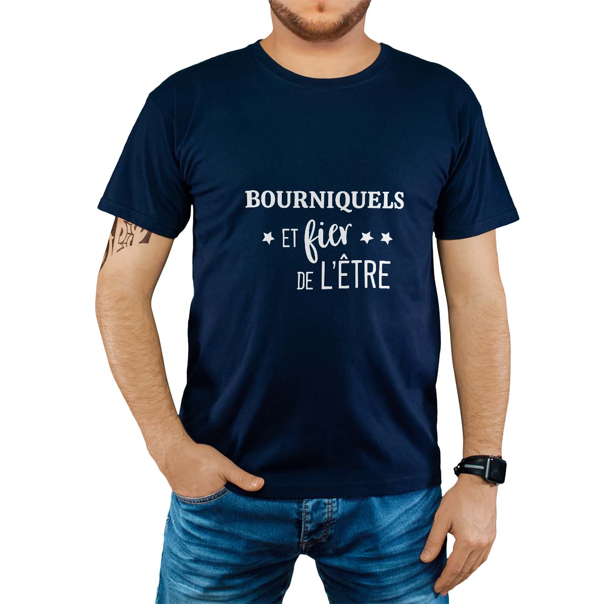 T-Shirt marine pour homme avec le message personnalisé blanc bourniquel  et fier de l'être