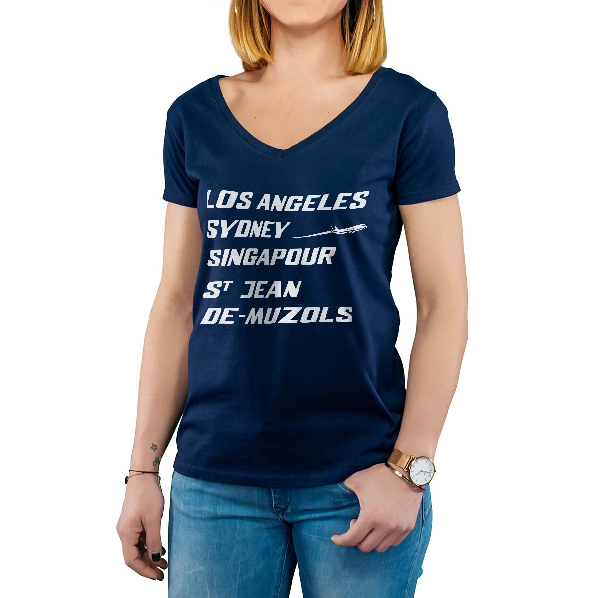 T-Shirt marine pour femme avec le message personnalisé blanc los angeles sydney singapour saint-jean-de-muzols