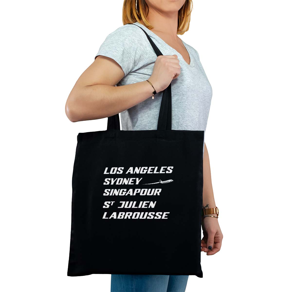 Totebag cabas personnalisé noir pour femme avec le message personnalisé blanc los angeles sydney singapour saint-julien-labrousse