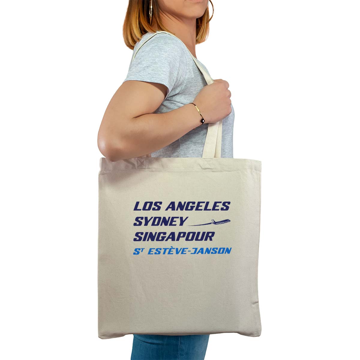Totebag cabas personnalisé naturel pour femme avec le message personnalisé marine los angeles sydney singapour saint-estève-janson
