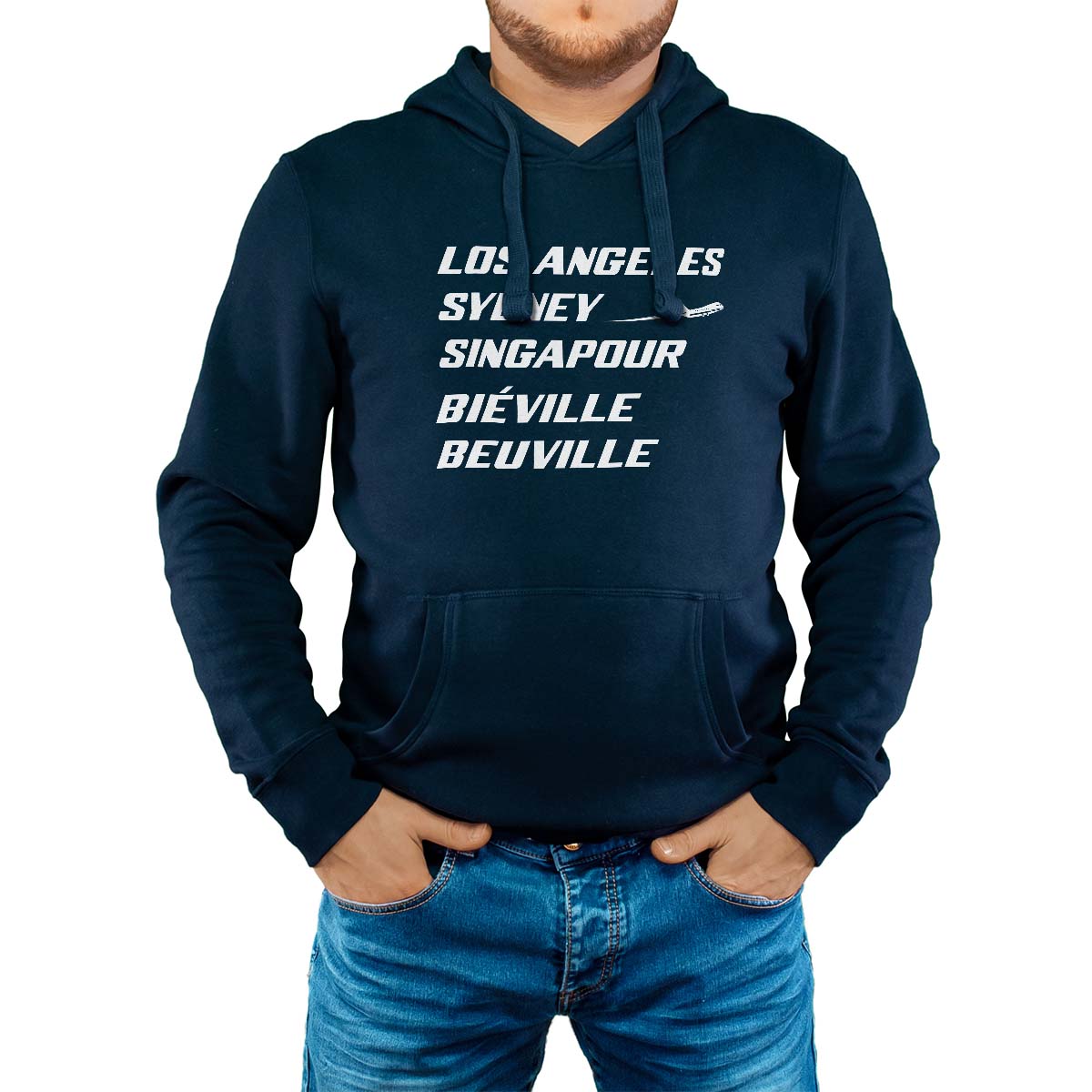 Sweat-shirt à capuche marine pour homme avec le message personnalisé blanc los angeles sydney singapour biéville-beuville