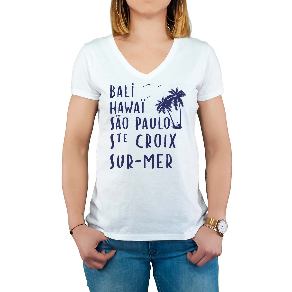 T-Shirt blanc pour femme avec le message personnalisé marine bali hawaï sao-paulo sainte-croix-sur-mer