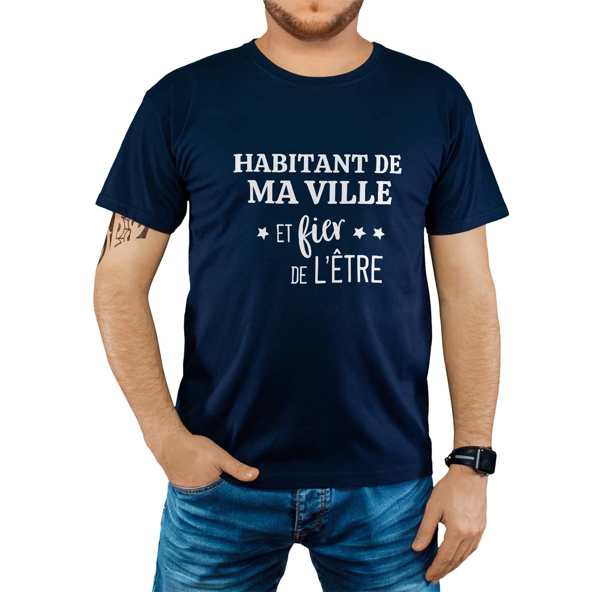 T-Shirt marine pour homme avec le message personnalisé blanc gentile-saint-germain-langot  et fier de l'être
