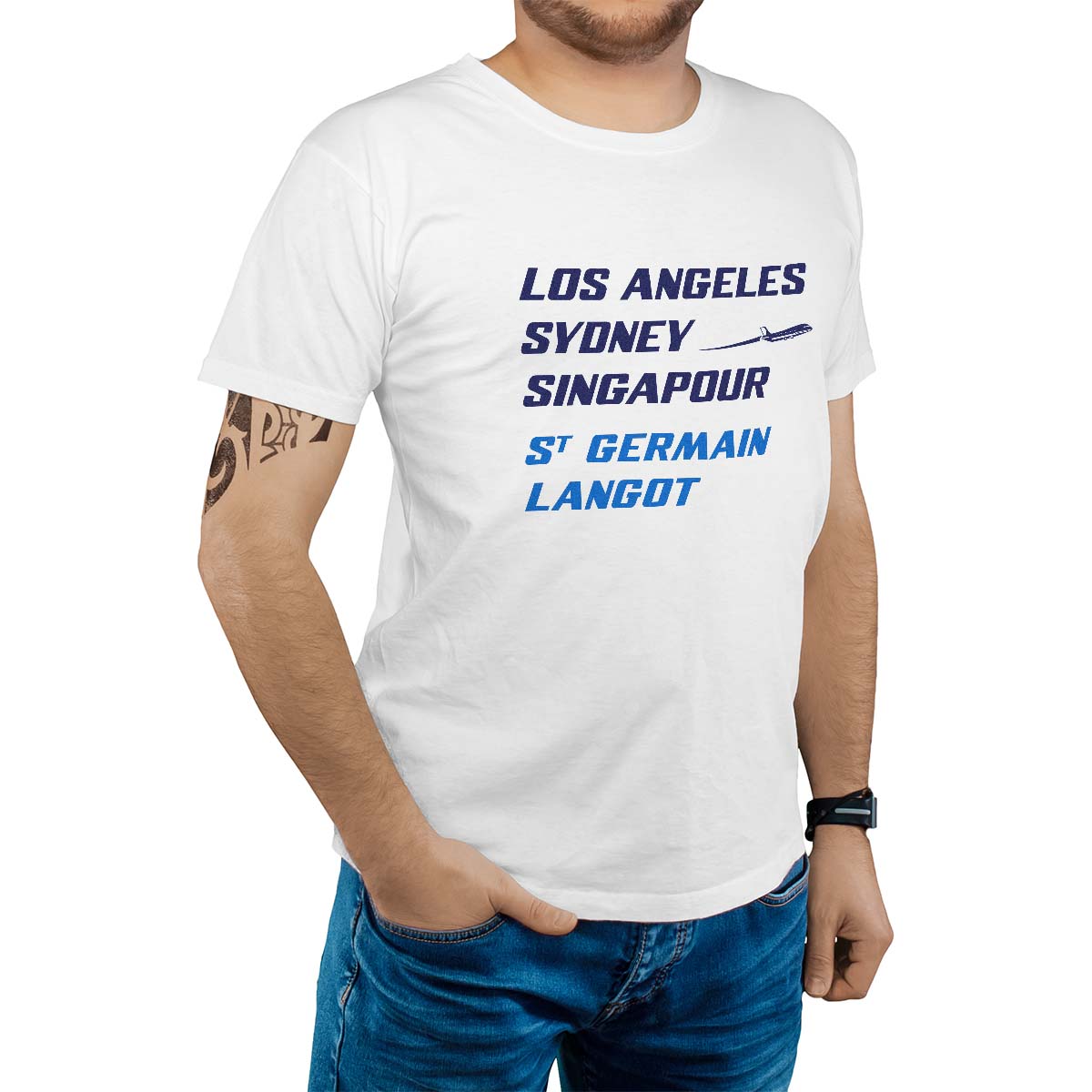 T-Shirt blanc pour homme avec le message personnalisé marine los angeles sydney singapour saint-germain-langot