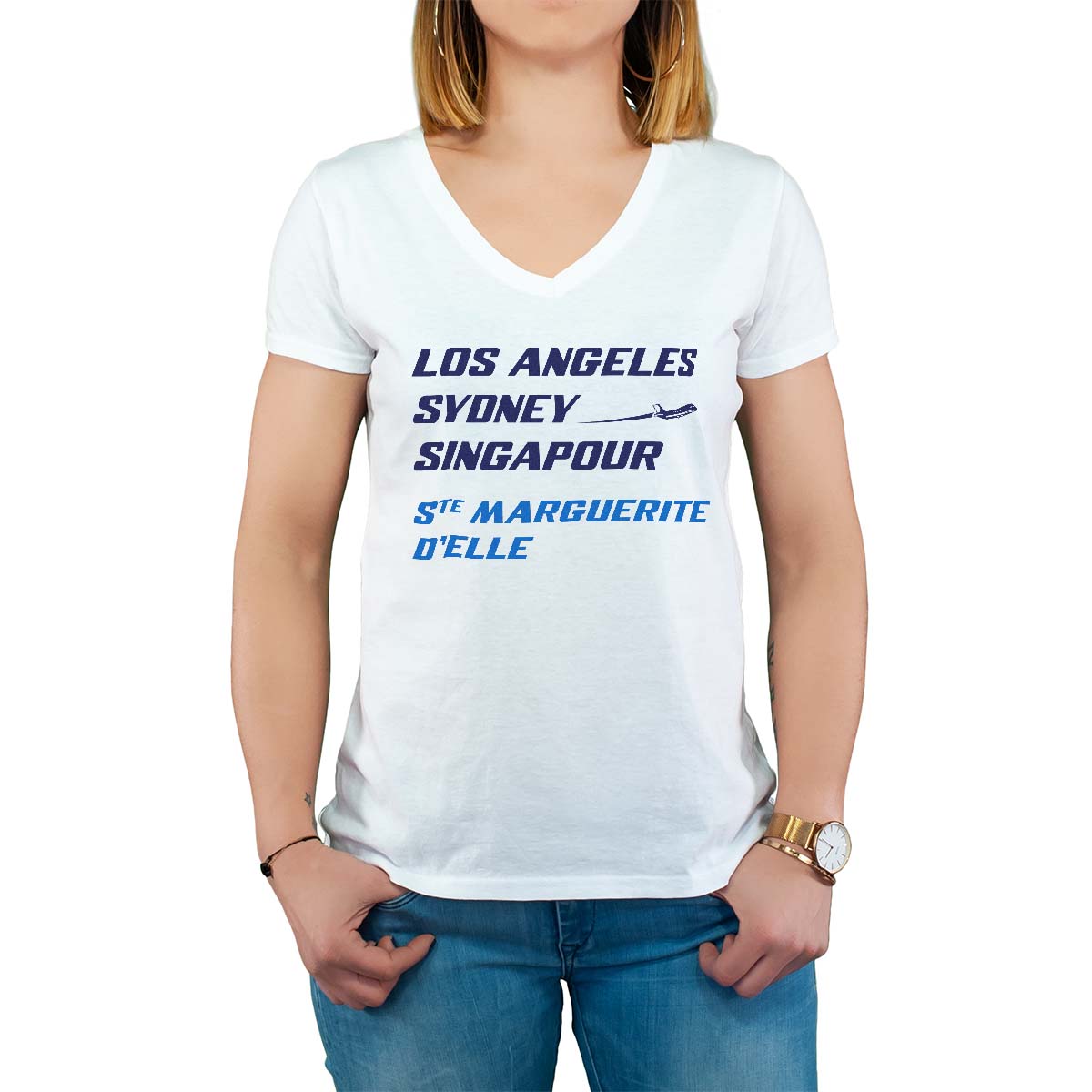 T-Shirt blanc pour femme avec le message personnalisé marine los angeles sydney singapour sainte-marguerite-d'elle